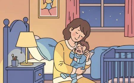Mother comforting crying baby at night in bedroom with soft light and moon outside – baby sleep struggles