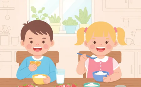 Children happily eating healthy snacks like fruit and yogurt at a cozy kitchen table