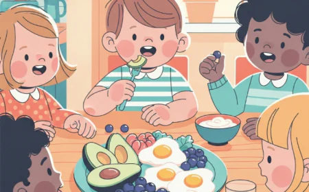 Children enjoying a colorful plate of superfoods such as avocado, eggs, and blueberries at a kitchen table