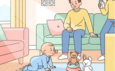 Baby crawling safely in a living room with socket covers, soft toys, and parents nearby