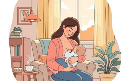Mother breastfeeding her baby in a cozy room with warm lighting, showing love and care