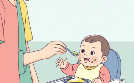 Happy baby sitting in a high chair tasting first spoonful of purée with parent smiling nearby