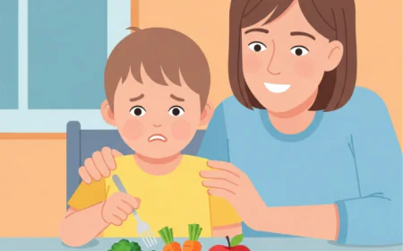 Child sitting at a dining table with colorful foods, looking hesitant while parent gently encourages
