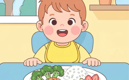 Smiling toddler sitting at a table with a balanced meal plate of chicken, broccoli, rice, and fruit
