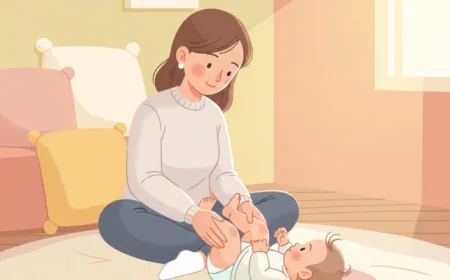 Mother gently massaging her baby’s legs on a soft blanket in a cozy room