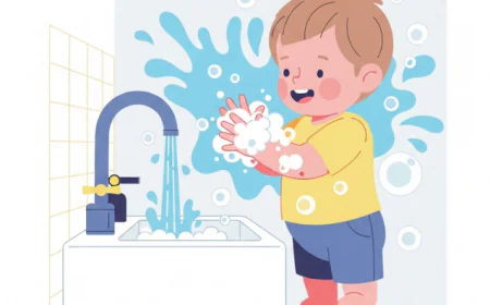 Smiling toddler washing hands with soap and water at a small sink