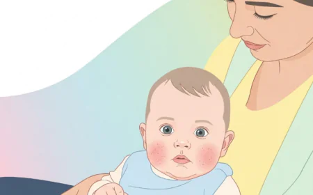 Baby with red rashes on cheeks sitting on parent’s lap