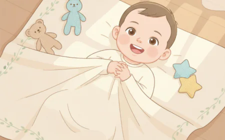 Baby lying on a soft organic cotton blanket smiling and relaxed