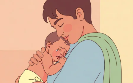 Parent holding a crying baby close with skin-to-skin contact