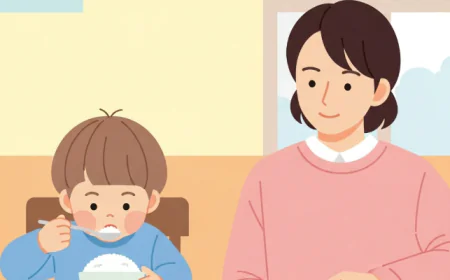 Child eating only plain rice while parent watches patiently