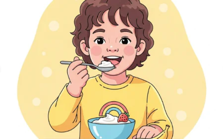 Child eating yogurt with a spoon, smiling at the table