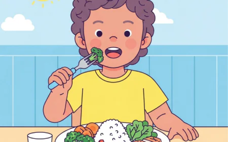 Preschooler eating balanced meal with parents at dining table.