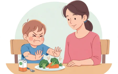 Preschool child pushing away a plate of food while parent looks concerned