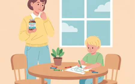 Parent holding a multivitamin bottle while child sits at the table