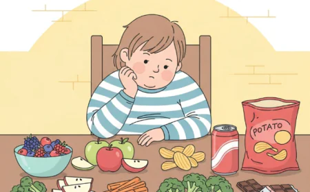Overweight child sitting at table with healthy food and junk food choices