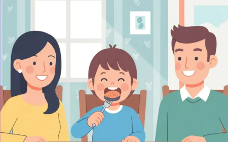 Child eating salmon and vegetables with parents at family dining table