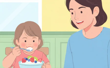 Child eating yogurt with fruit while parent smiles nearby