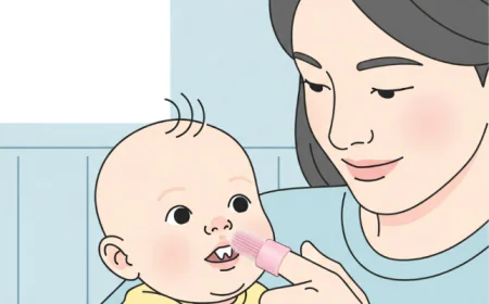 Parent cleaning baby’s first tooth with a silicone finger brush