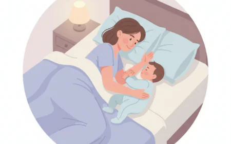 Parent lying on bed with baby in a safe co-sleeping position