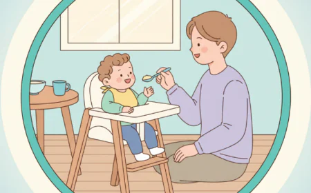 Baby sitting in a high chair while parent feeds with a spoon