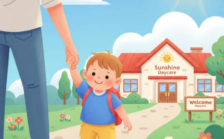 Toddler holding parent’s hand and carrying a backpack on the way to daycare