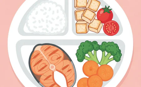 Balanced kids’ meal plate with rice, salmon, tofu, and vegetables