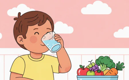 Child drinking water with fruits and vegetables on the table