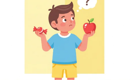 Child holding candy in one hand and fruit in the other