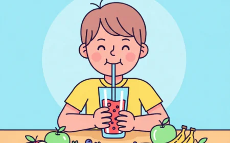 Child drinking a fruit smoothie with fresh fruits on the table