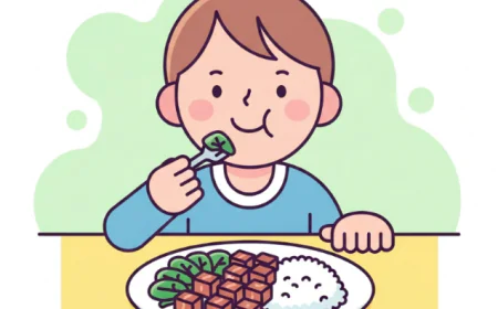 Child eating beef, spinach, and rice for an iron-rich meal