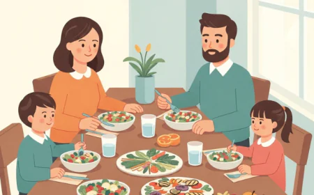 Family eating healthy meal with fruits and vegetables at the dining table