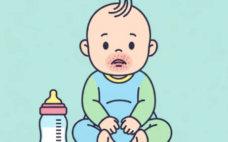 Baby with rash near mouth sitting next to a milk bottle, symbolizing cow’s milk protein allergy