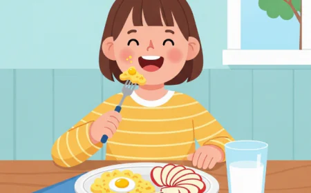 Smiling child eating scrambled eggs, fruit, and milk for breakfast