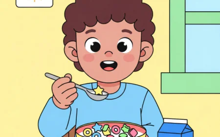 Child eating a bowl of colorful breakfast cereal with milk