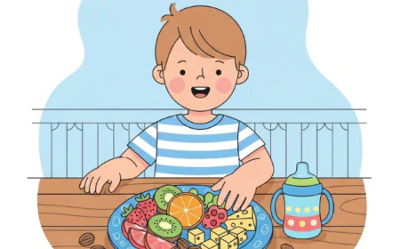 Child enjoying a colorful plate of healthy snacks with fruit, cheese, and nuts