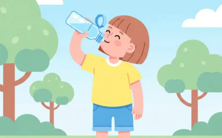 Child happily drinking water from a bottle outdoors