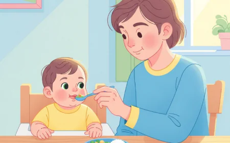 Parent feeding toddler healthy vegetables and rice at the dining table