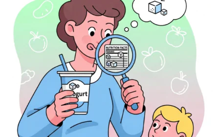 Parent checking nutrition label on a yogurt cup for hidden sugars