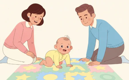Baby crawling on a foam play mat with parents watching nearby
