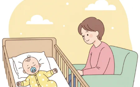 Baby sucking on a pacifier while parent sits nearby smiling