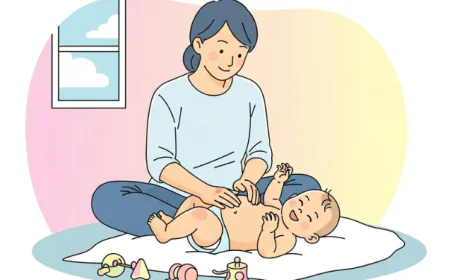 Parent gently massaging baby’s tummy while baby smiles