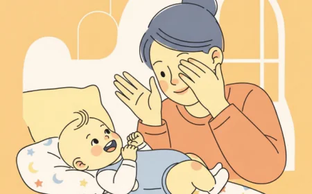 Parent playing peek-a-boo with smiling baby on a blanket