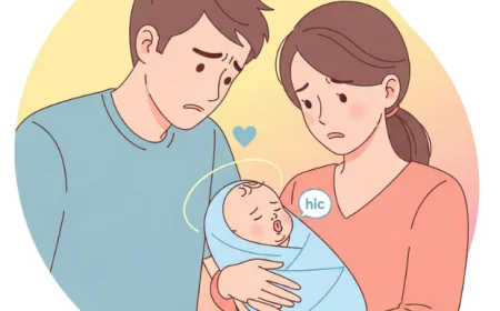 New parents looking worried while baby hiccups