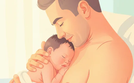 Father holding newborn baby against chest for skin-to-skin bonding