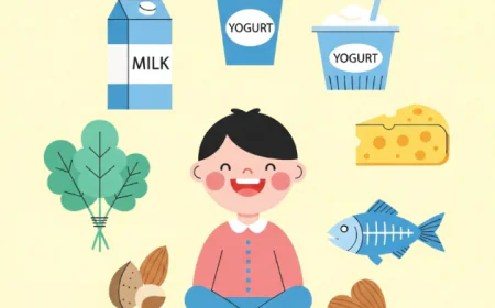 Child surrounded by calcium-rich foods like milk, cheese, fish, and vegetables