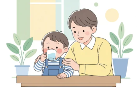 Child happily drinking water with parent nearby