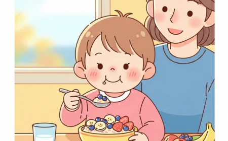 Child eating oatmeal with fruits at the breakfast table