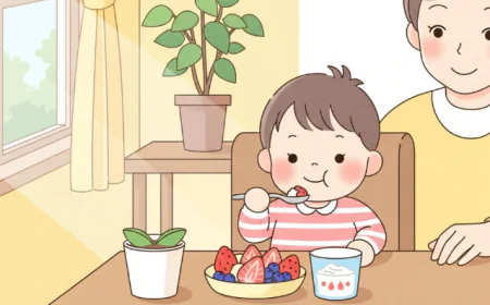 Child enjoying a healthy afternoon snack with parent nearby