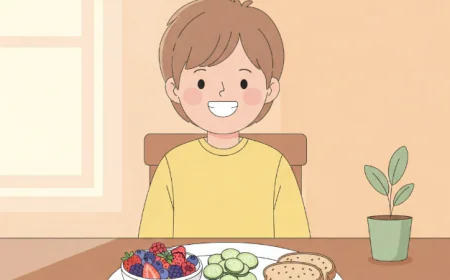 Child eating a healthy meal with fruits, vegetables, and whole grains on the table
