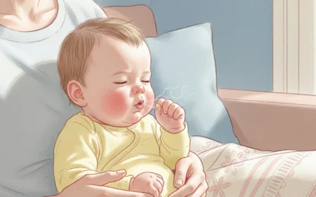 Baby sitting on parent’s lap while coughing gently in a cozy room